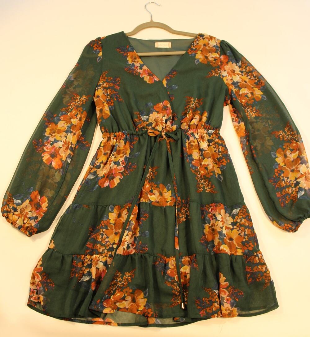 Altar'd State Tristan Dress Womens L Green Floral Faux Wrap Tiered Boho